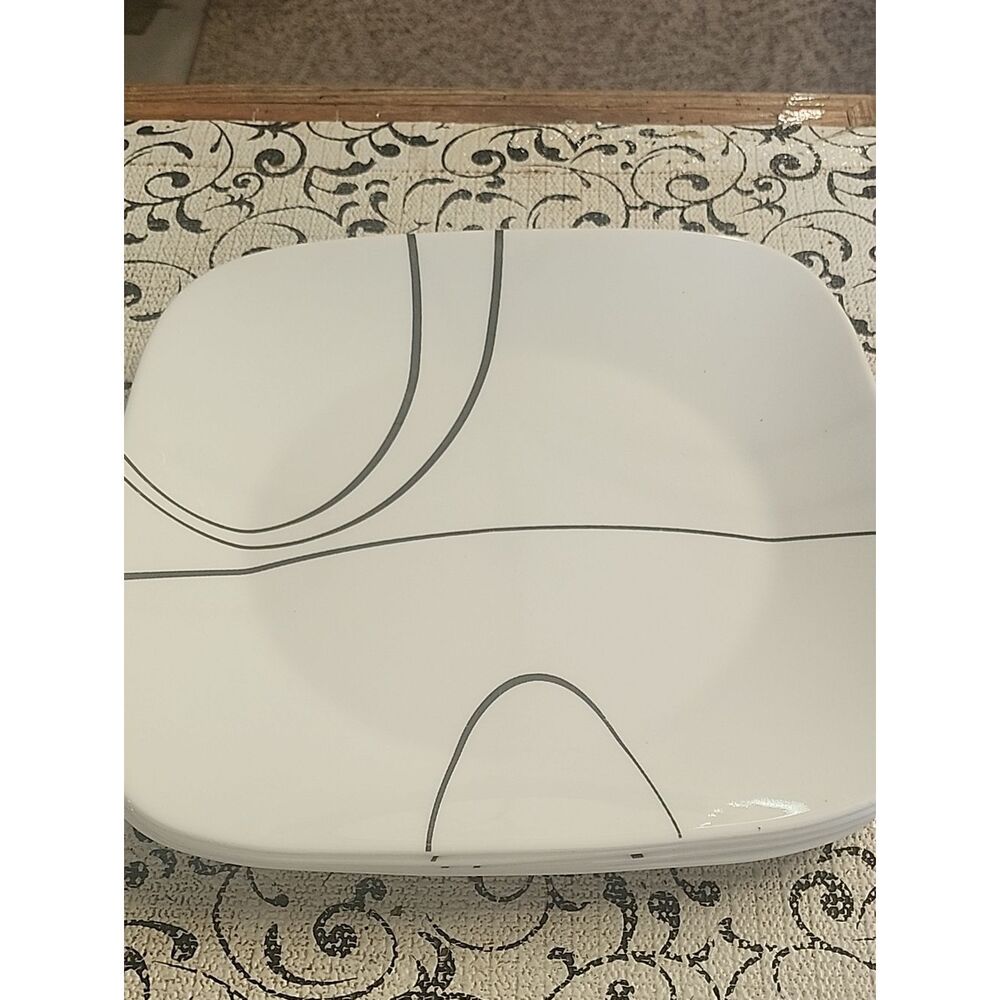 Corelle White Square Dinner Plate with Gray Swirl Accents